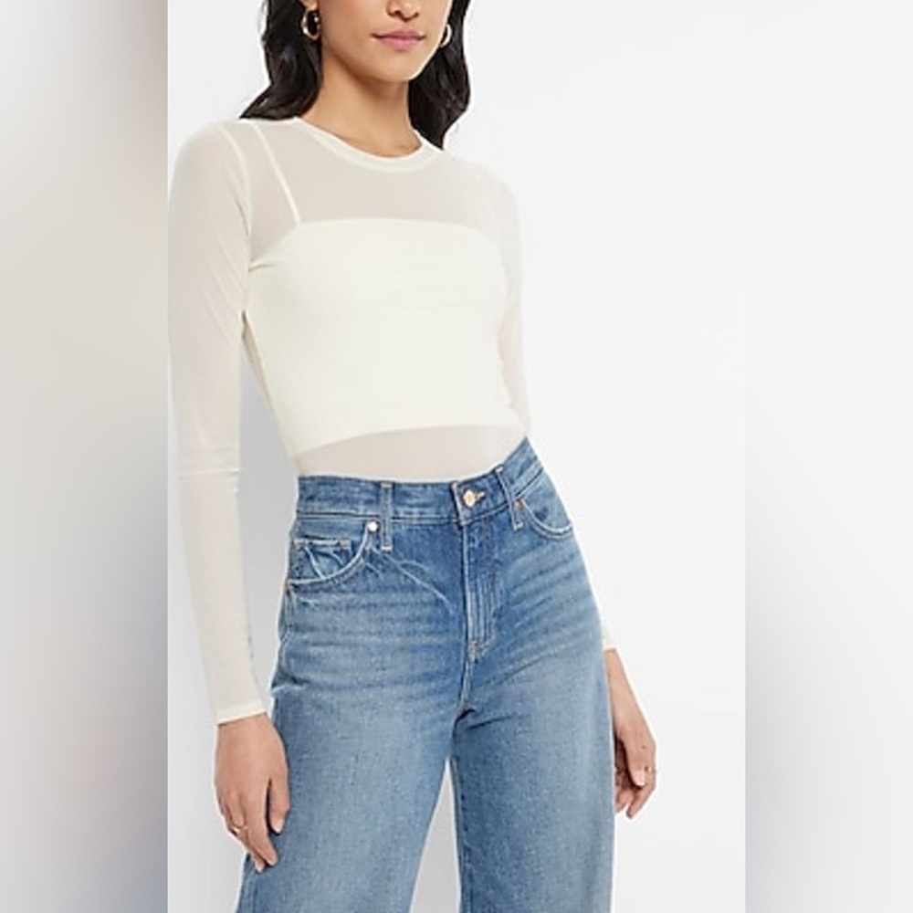 Express Mesh Crew Neck Long Sleeve Thong Bodysuit